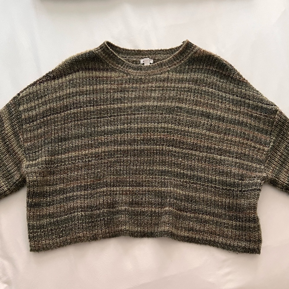Garage Cropped Striped Knit Sweater in Olive and Brown